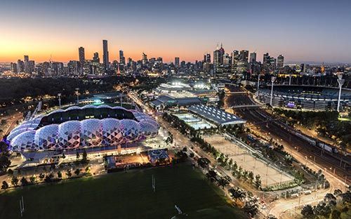 Aerial view of the Melbourne Sports Precinct at dusk