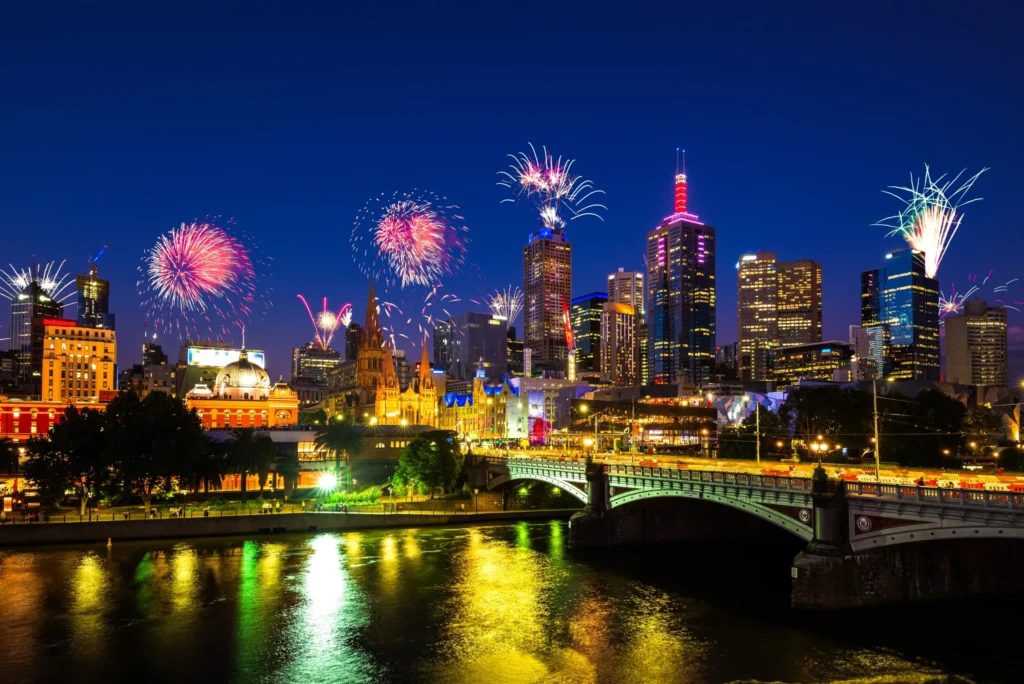 Fireworks in Melbourne CBD. Night time Melbourne Winter events